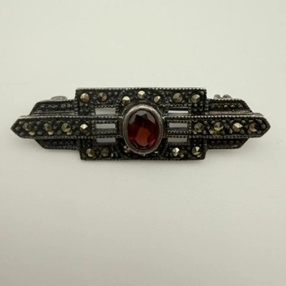 Art Deco Marcasite Brooch Garnet Sterling Silver Geometric Bar Pin
